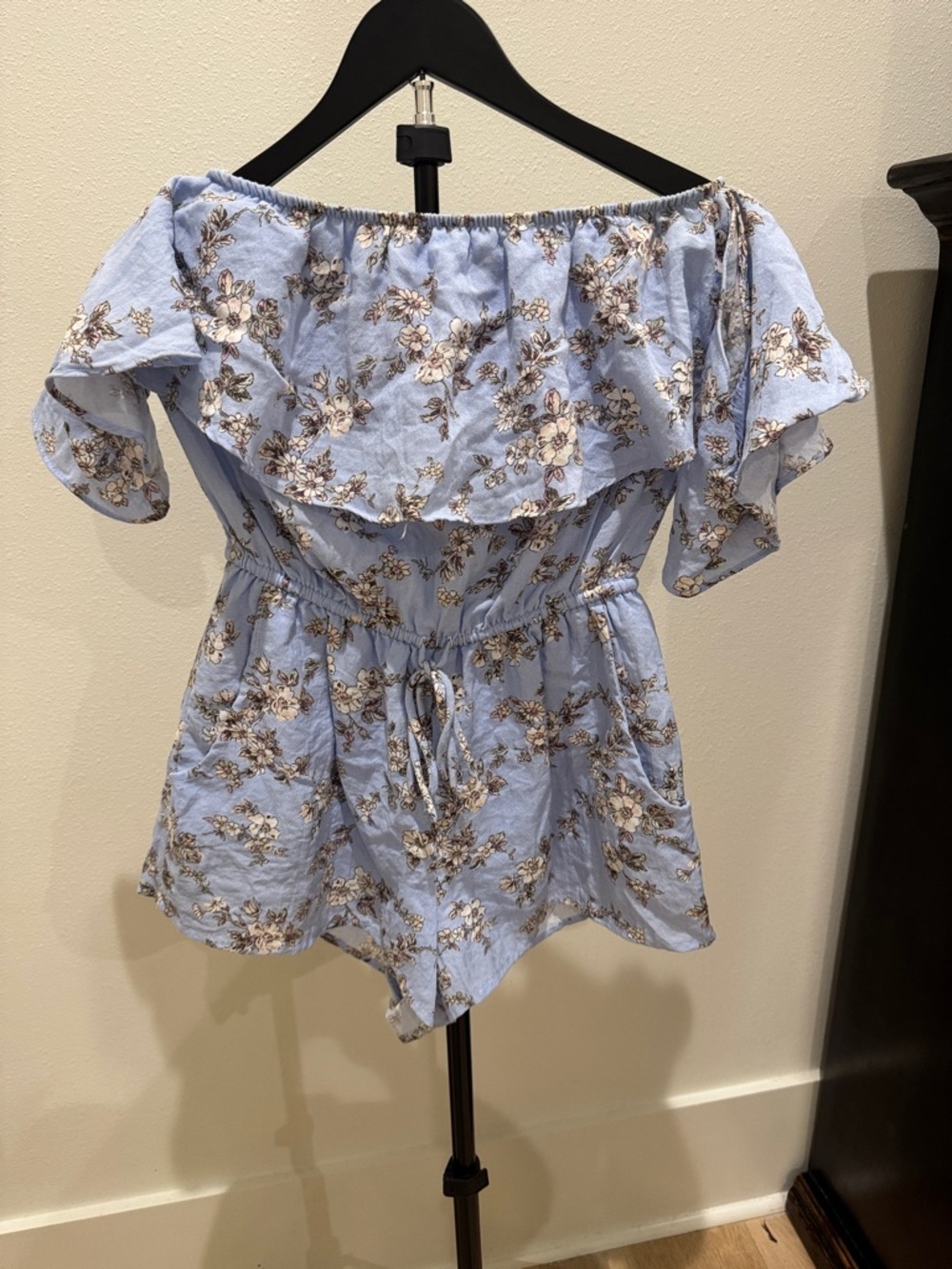 Everly Light Blue Floral Off-Shoulder Romper